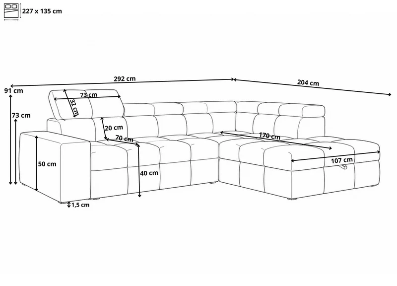 Ecksofa – Bianco – Schlafsofa mit Bettkasten & verstellbaren Kopfstützen