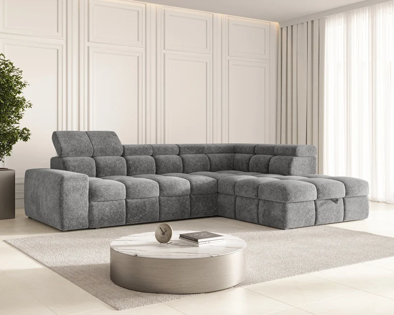 Ecksofa – Bianco – Schlafsofa mit Bettkasten & verstellbaren Kopfstützen