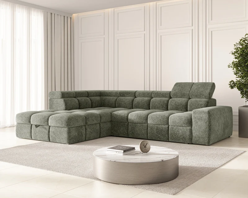 Ecksofa – Bianco – Schlafsofa mit Bettkasten & verstellbaren Kopfstützen