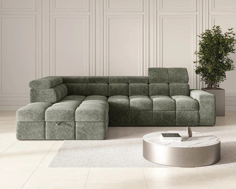 Ecksofa – Bianco – Schlafsofa mit Bettkasten & verstellbaren Kopfstützen