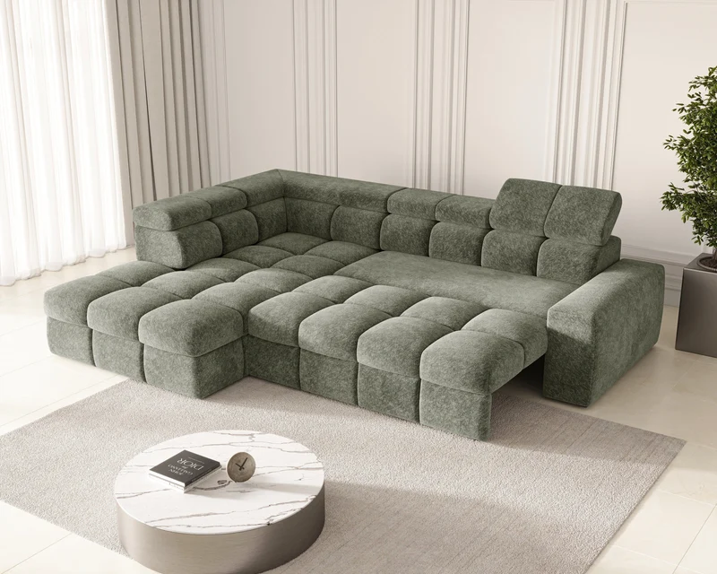 Ecksofa – Bianco – Schlafsofa mit Bettkasten & verstellbaren Kopfstützen