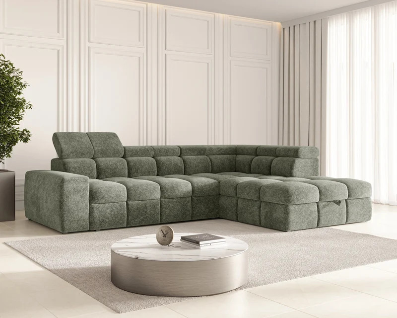 Ecksofa – Bianco – Schlafsofa mit Bettkasten & verstellbaren Kopfstützen