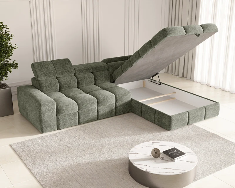 Ecksofa – Bianco – Schlafsofa mit Bettkasten & verstellbaren Kopfstützen