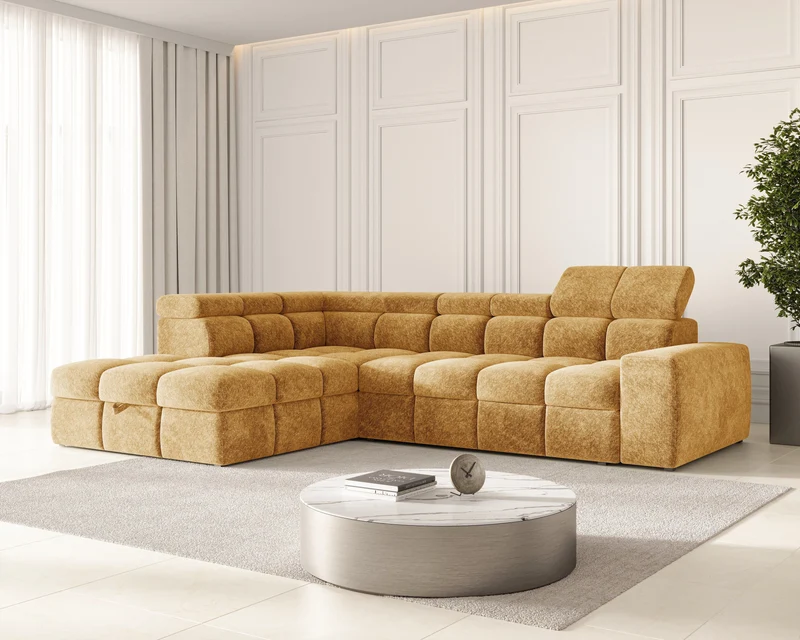 Ecksofa – Bianco – Schlafsofa mit Bettkasten & verstellbaren Kopfstützen