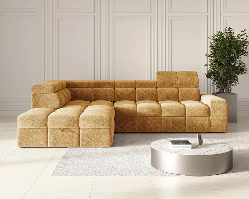 Ecksofa – Bianco – Schlafsofa mit Bettkasten & verstellbaren Kopfstützen