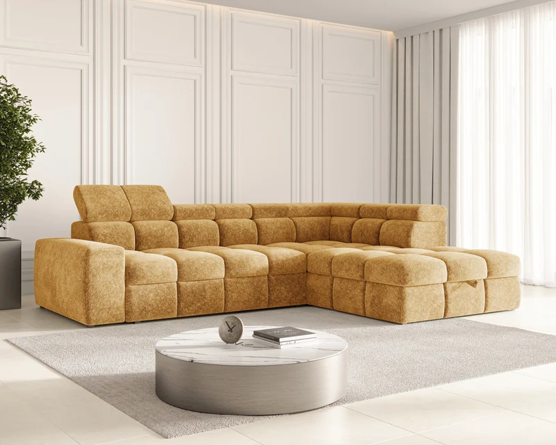 Ecksofa – Bianco – Schlafsofa mit Bettkasten & verstellbaren Kopfstützen