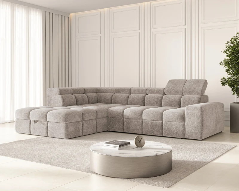 Ecksofa – Bianco – Schlafsofa mit Bettkasten & verstellbaren Kopfstützen
