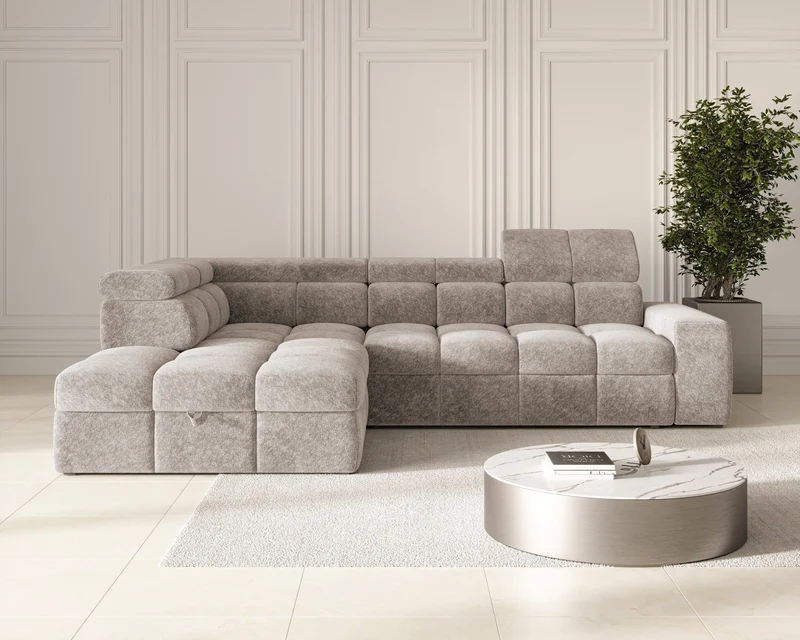 Ecksofa – Bianco – Schlafsofa mit Bettkasten & verstellbaren Kopfstützen