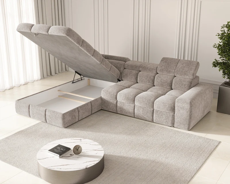 Ecksofa – Bianco – Schlafsofa mit Bettkasten & verstellbaren Kopfstützen