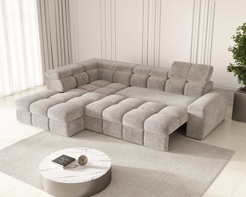 Ecksofa – Bianco – Schlafsofa mit Bettkasten & verstellbaren Kopfstützen