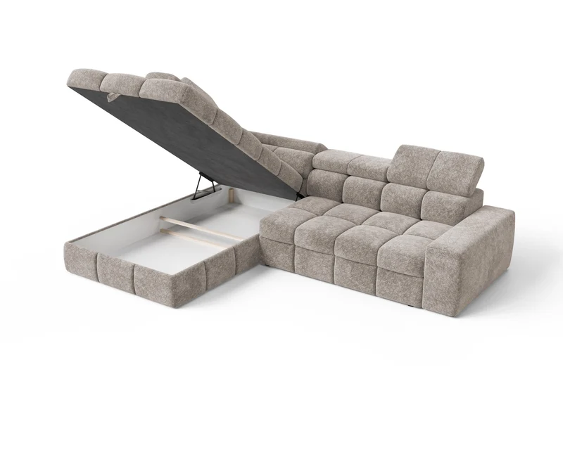 Ecksofa – Bianco – Schlafsofa mit Bettkasten & verstellbaren Kopfstützen