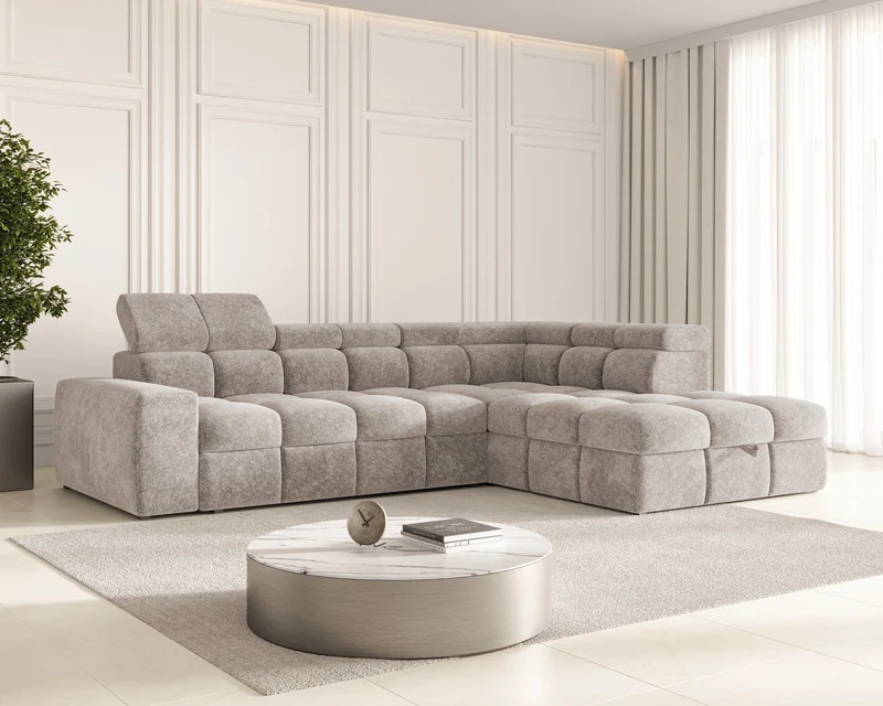 Ecksofa – Bianco – Schlafsofa mit Bettkasten & verstellbaren Kopfstützen