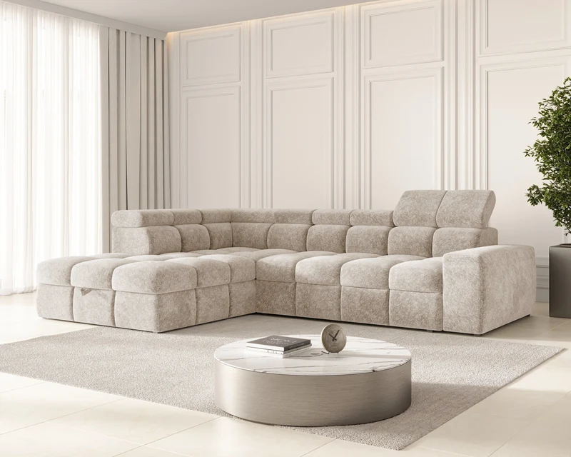 Ecksofa – Bianco – Schlafsofa mit Bettkasten & verstellbaren Kopfstützen