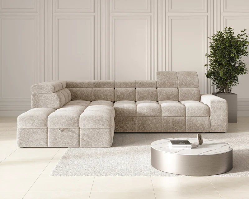 Ecksofa – Bianco – Schlafsofa mit Bettkasten & verstellbaren Kopfstützen