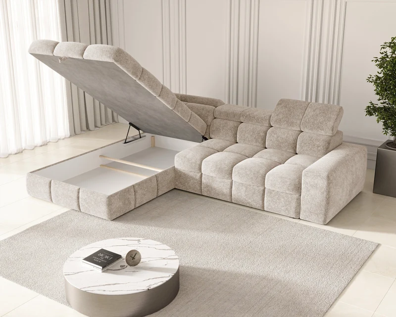 Ecksofa – Bianco – Schlafsofa mit Bettkasten & verstellbaren Kopfstützen