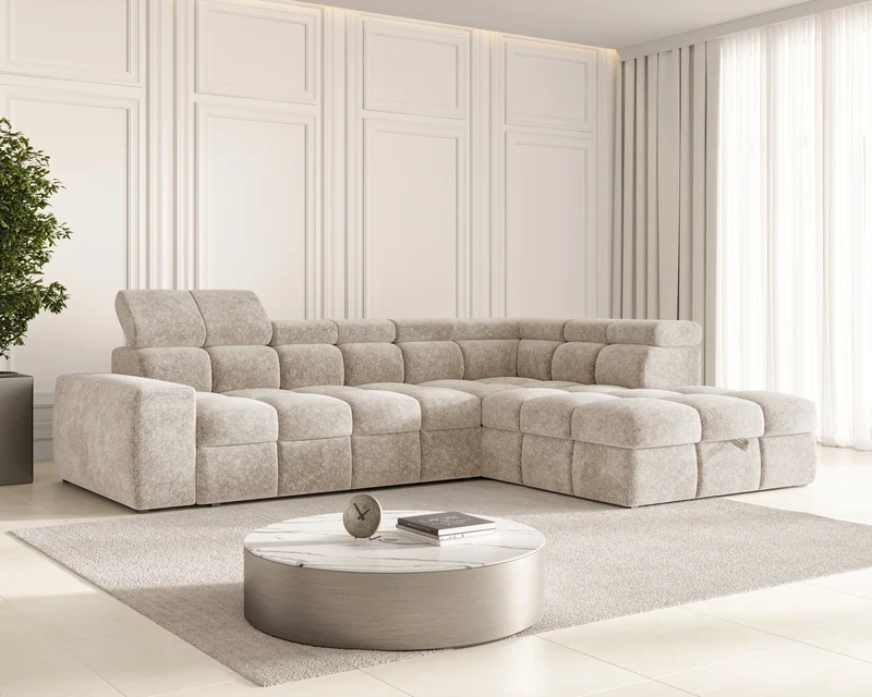 Ecksofa – Bianco – Schlafsofa mit Bettkasten & verstellbaren Kopfstützen