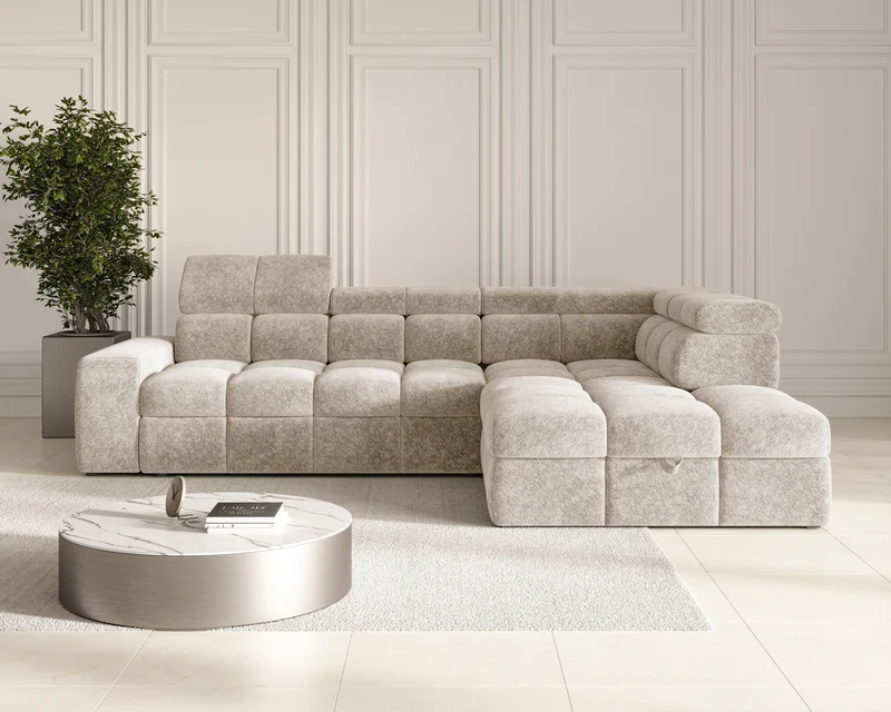 Ecksofa – Bianco – Schlafsofa mit Bettkasten & verstellbaren Kopfstützen