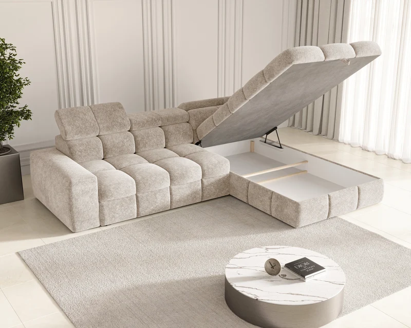 Ecksofa – Bianco – Schlafsofa mit Bettkasten & verstellbaren Kopfstützen