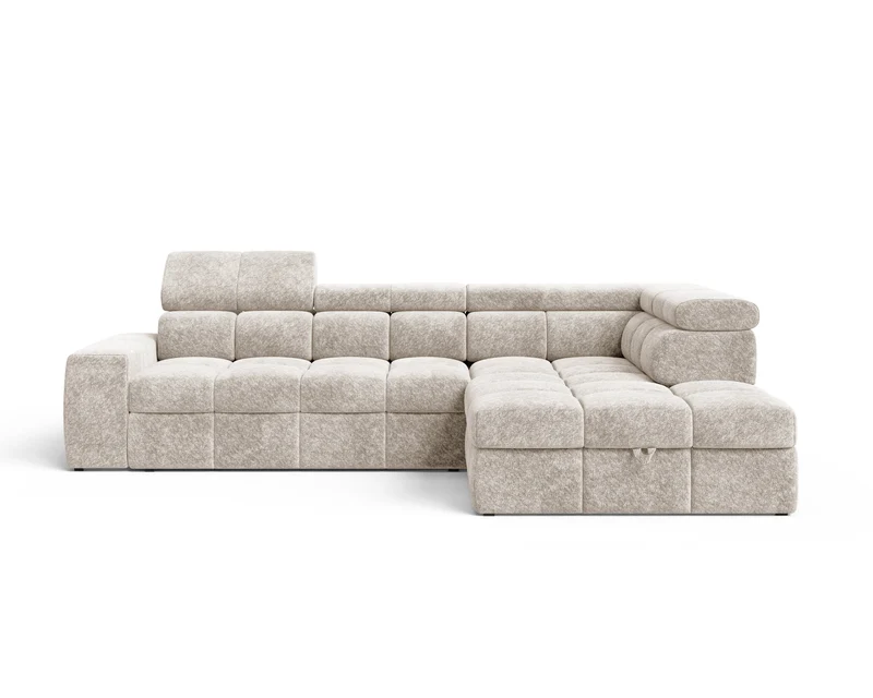 Ecksofa – Bianco – Schlafsofa mit Bettkasten & verstellbaren Kopfstützen