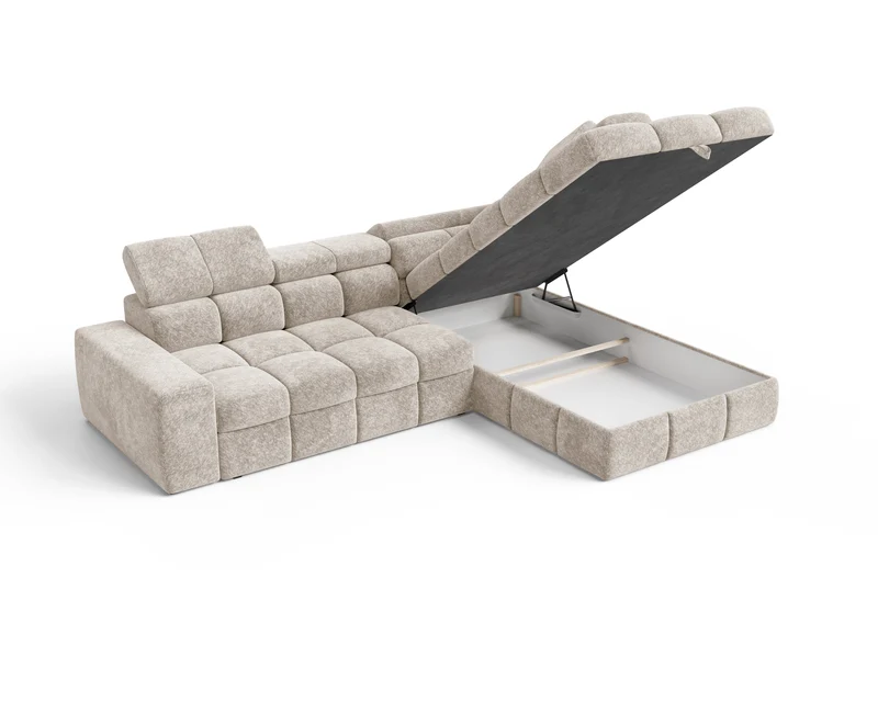 Ecksofa – Bianco – Schlafsofa mit Bettkasten & verstellbaren Kopfstützen