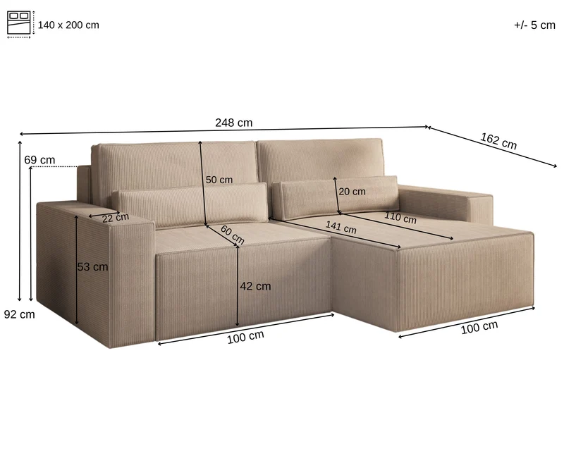 Ecksofa – Brazil – Cord-Schlafsofa mit Schlaffunktion & Bettkasten