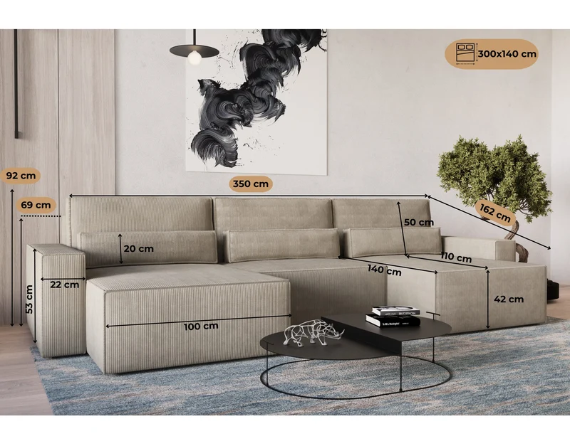 Ecksofa – Brazil U – Cord-Schlafsofa in U-Form mit Bettkasten & HR-Schaum