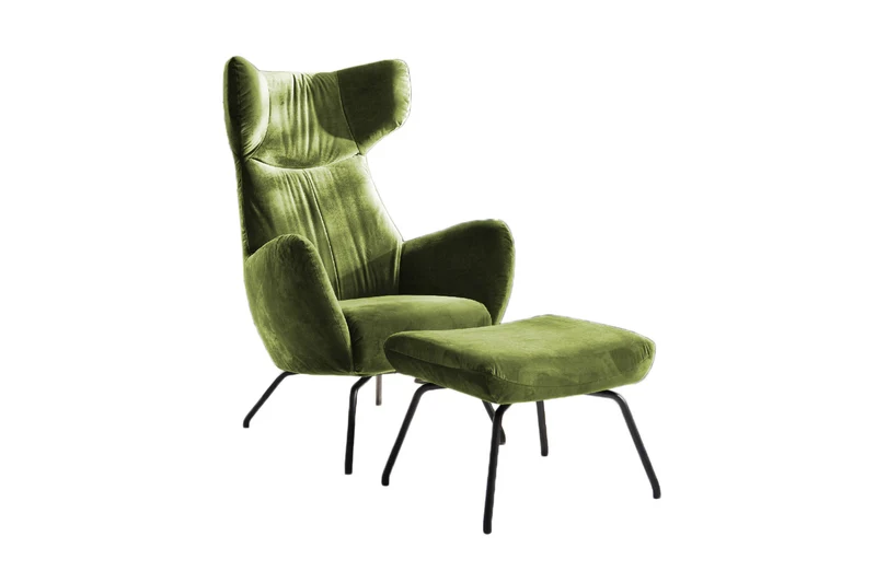 KAWOLA Sessel LOTTE Ohrensessel velvet olivgrün mit Hocker