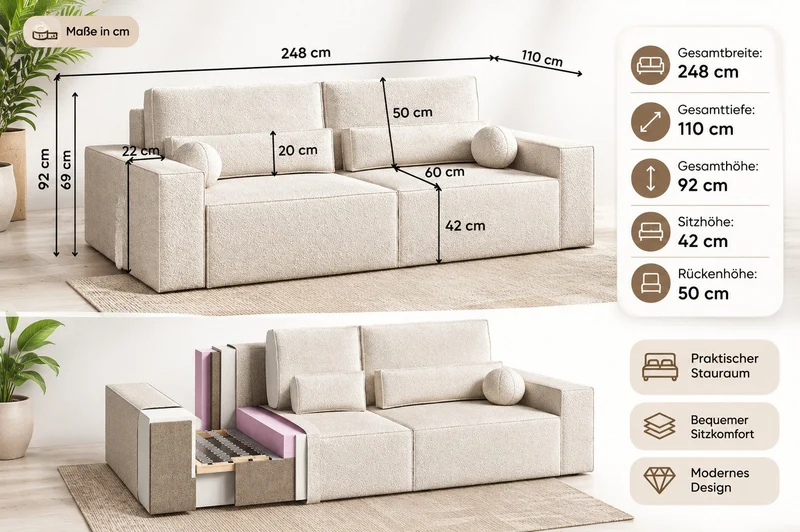 Schlafsofa – Brazil – 248 cm mit Bettkasten & Bouclé-Bezug