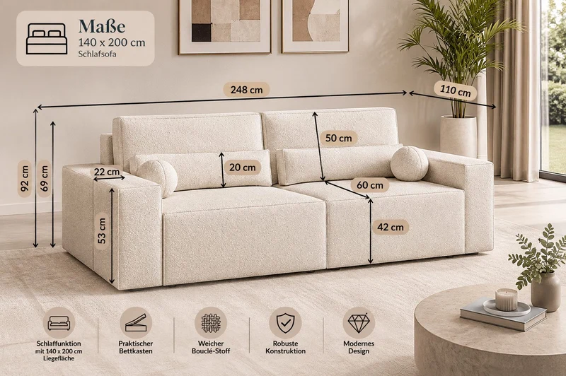 Schlafsofa – Brazil – 248 cm mit Bettkasten & Bouclé-Bezug