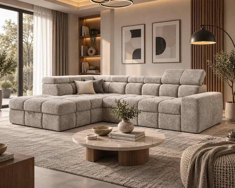 Ecksofa – Bianco – Modernes Schlafsofa 305 cm mit Bettkasten