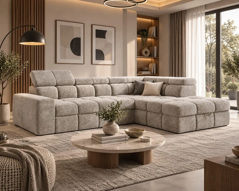 Ecksofa – Bianco – Modernes Schlafsofa 305 cm mit Bettkasten