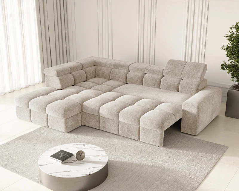 Ecksofa – Bianco – Modernes Schlafsofa 305 cm mit Bettkasten