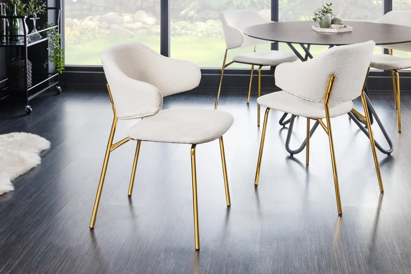 Moderner Stuhl MODA weiss Bouclé goldene Metallbeine