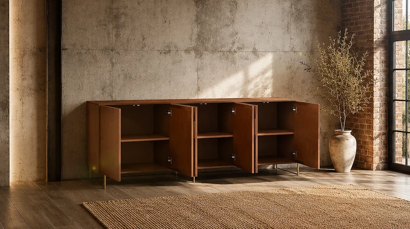 KAWOLA Sideboard GALA 4 Türen Kunstleder goldfarben Fuß Edelstahl gebürstet