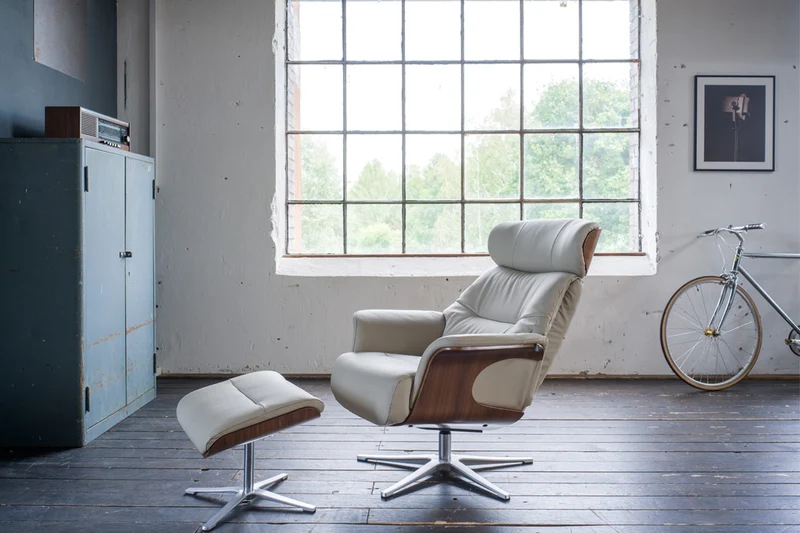 KAWOLA Sessel TOSAR Relaxsessel drehbar Leder grau mit Hocker