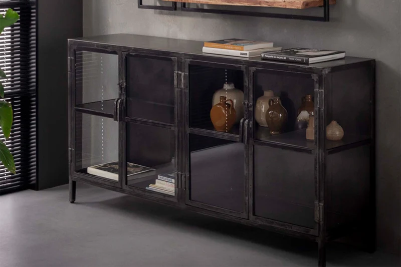 KAWOLA Sideboard BREST Vitrine Metall schwarz 4 Türen