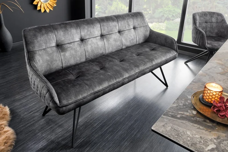 Elegante Sitzbank HORA ca.160cm Samt grau Retrostil Armlehnen