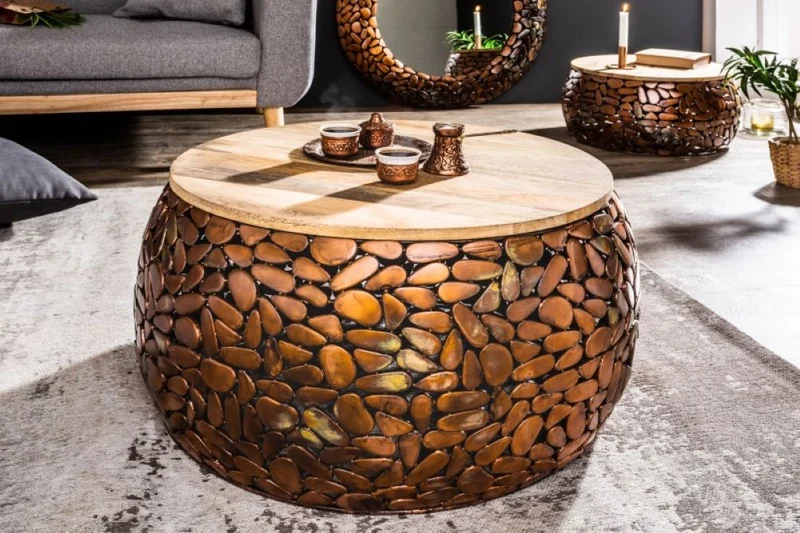 Extravagantes 2er-Set Couchtisch PIEDRA Aluminium kupfer Mangoholz