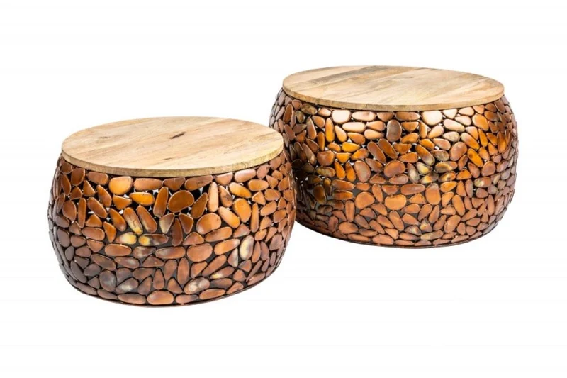 Extravagantes 2er-Set Couchtisch PIEDRA Aluminium kupfer Mangoholz