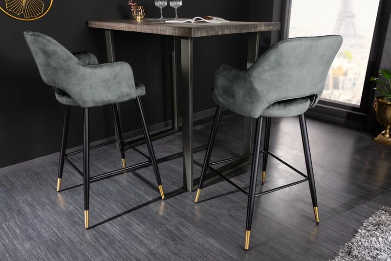 Design Barhocker FRANCE grau-grün Ziersteppung Armlehnen