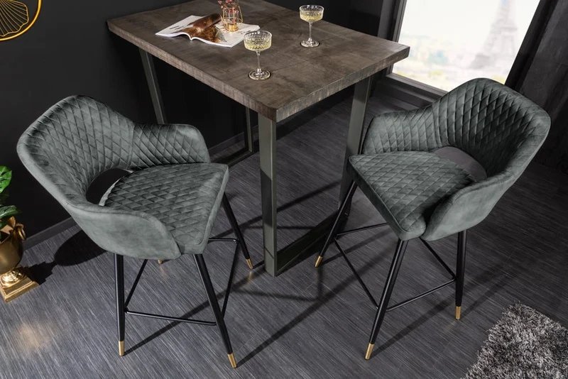 Design Barhocker FRANCE grau-grün Ziersteppung Armlehnen