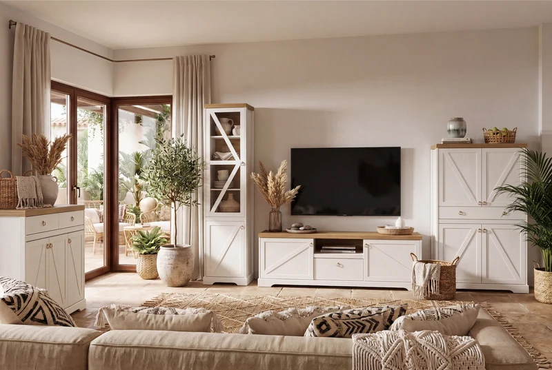 Bellmont Elegante Vitrine mit Glastür im Landhausstil – Opalweiß / Cremona Eiche