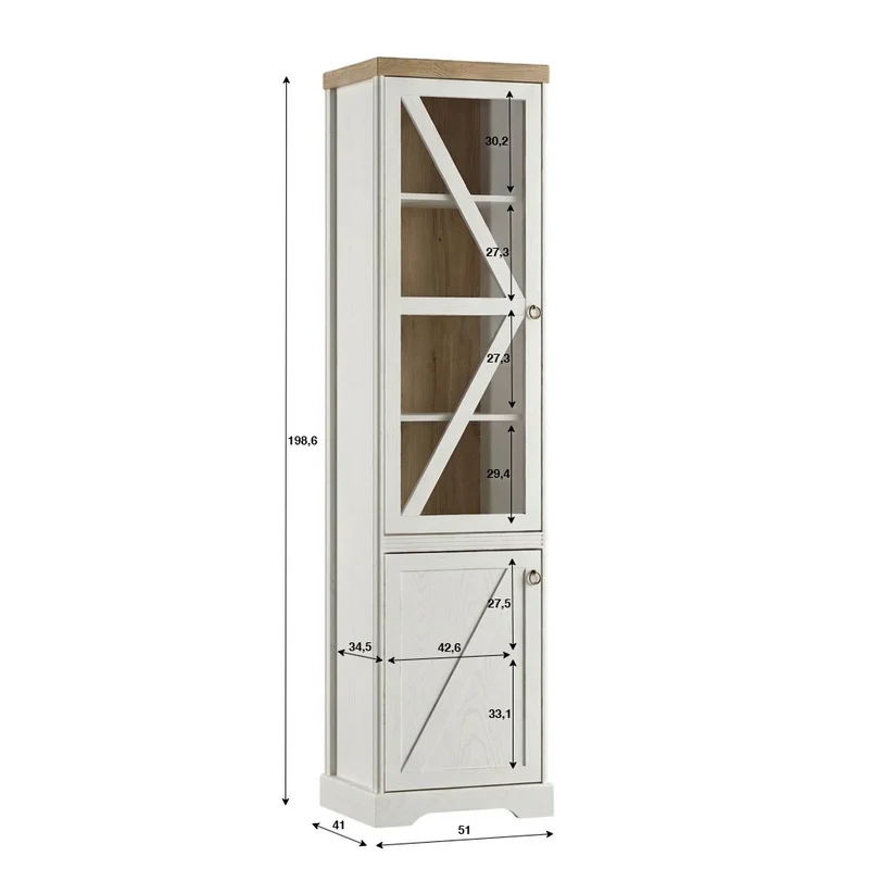 Bellmont Elegante Vitrine mit Glastür im Landhausstil – Opalweiß / Cremona Eiche