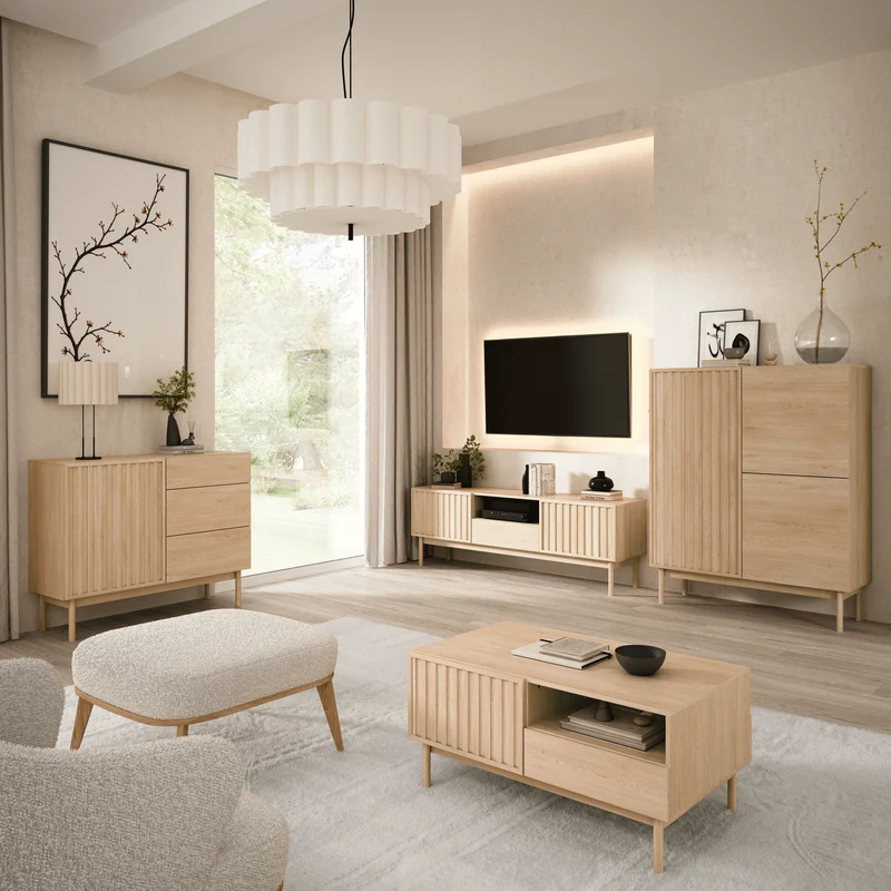 Savira Wohnzimmer-Set 4-teilig – Modernes Wohnmöbel-Set in Cremona Eiche mit geriffelten Fronten