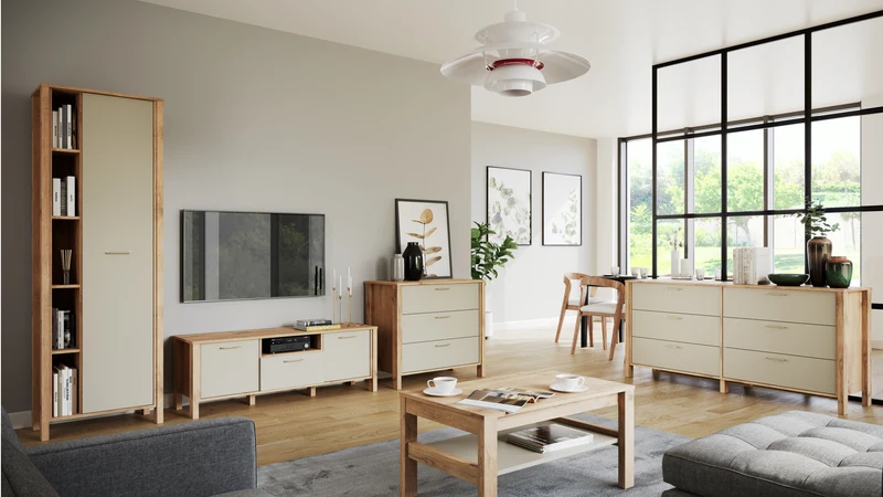 Velario Wohnzimmer-Set 5-teilig – Modernes Wohnmöbel-Set in Wotan Eiche & Beige
