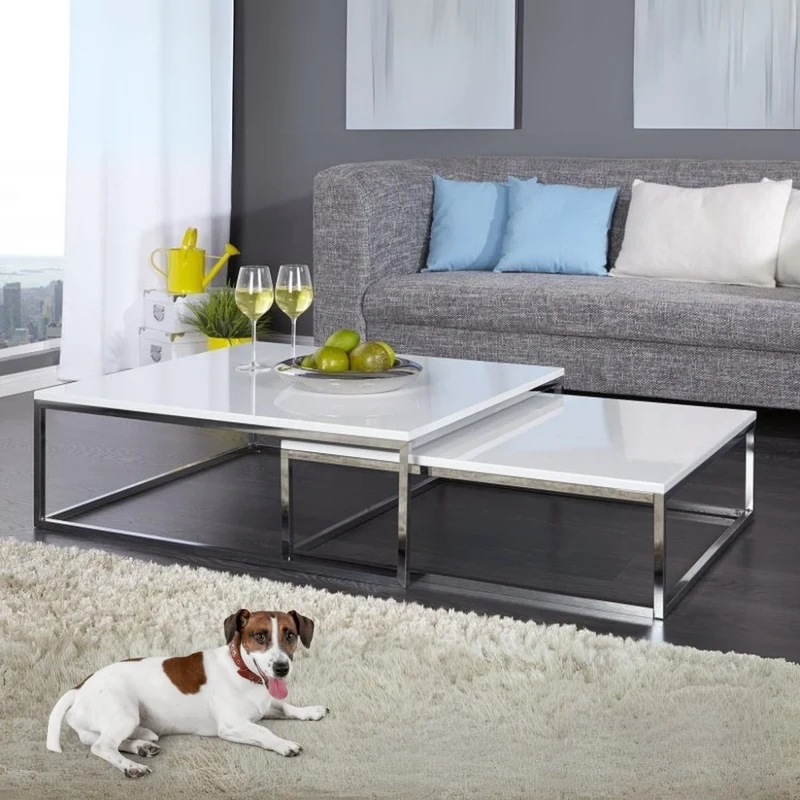 2er Set Design Couchtisch MENTO weiss hochglanz 75cm Edelstahl