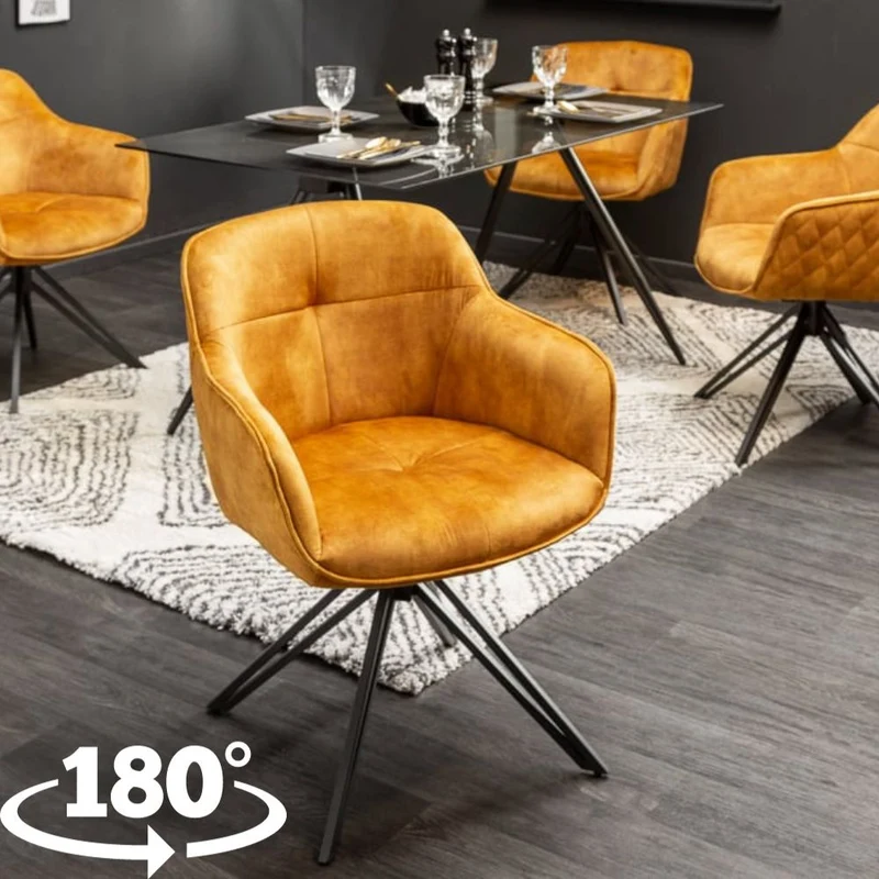 Eleganter Drehstuhl HORA Samt ocker-gelb Retrostil Armlehnen
