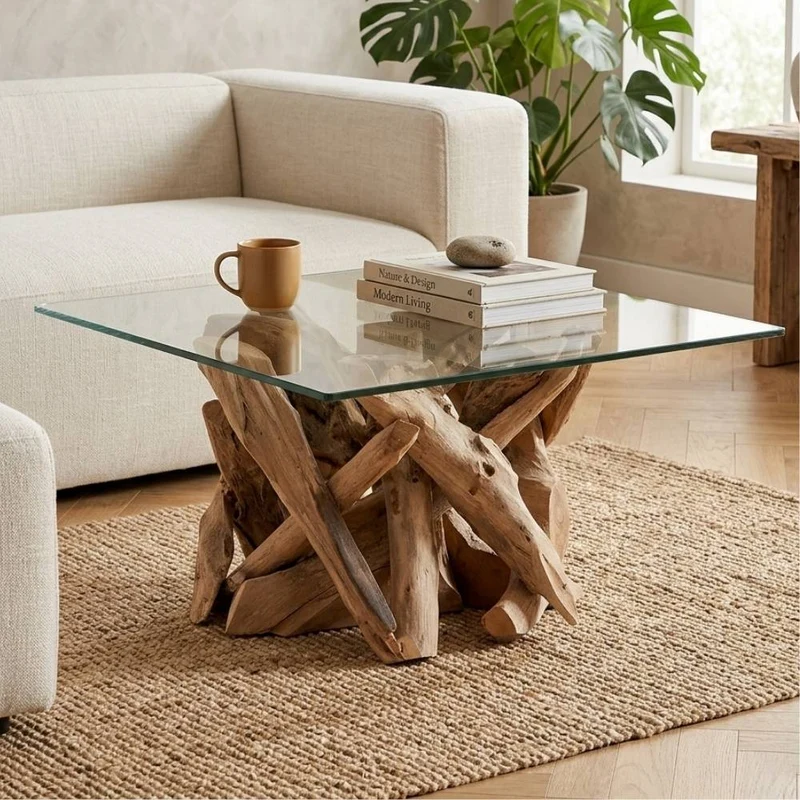 Individueller Teak Couchtisch TORA-eckig Glasplatte 80x80cm