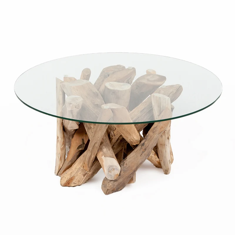 Individueller Teak Couchtisch TORA rund Glasplatte D70cm