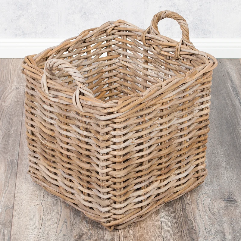 Natürlicher Rattankorb BAKUL eckig Grey 40x40cm mit Griffen